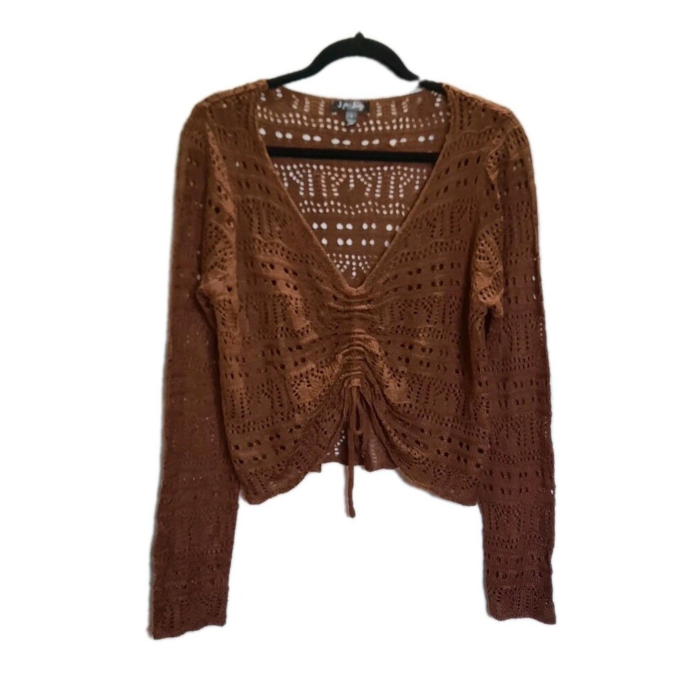 J For Justify Brown Crochet Knit Top Sheer Boho Ruched Drawstring Crop Sweater L